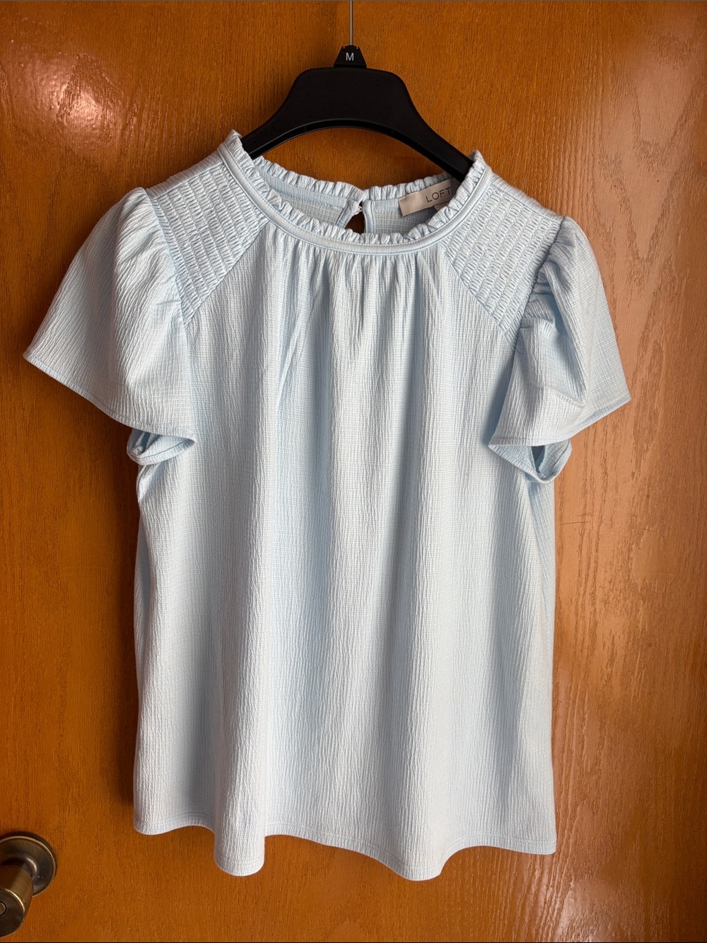 LOFT Pale Blue Ruffled Crewneck Short Sleeve Blouse